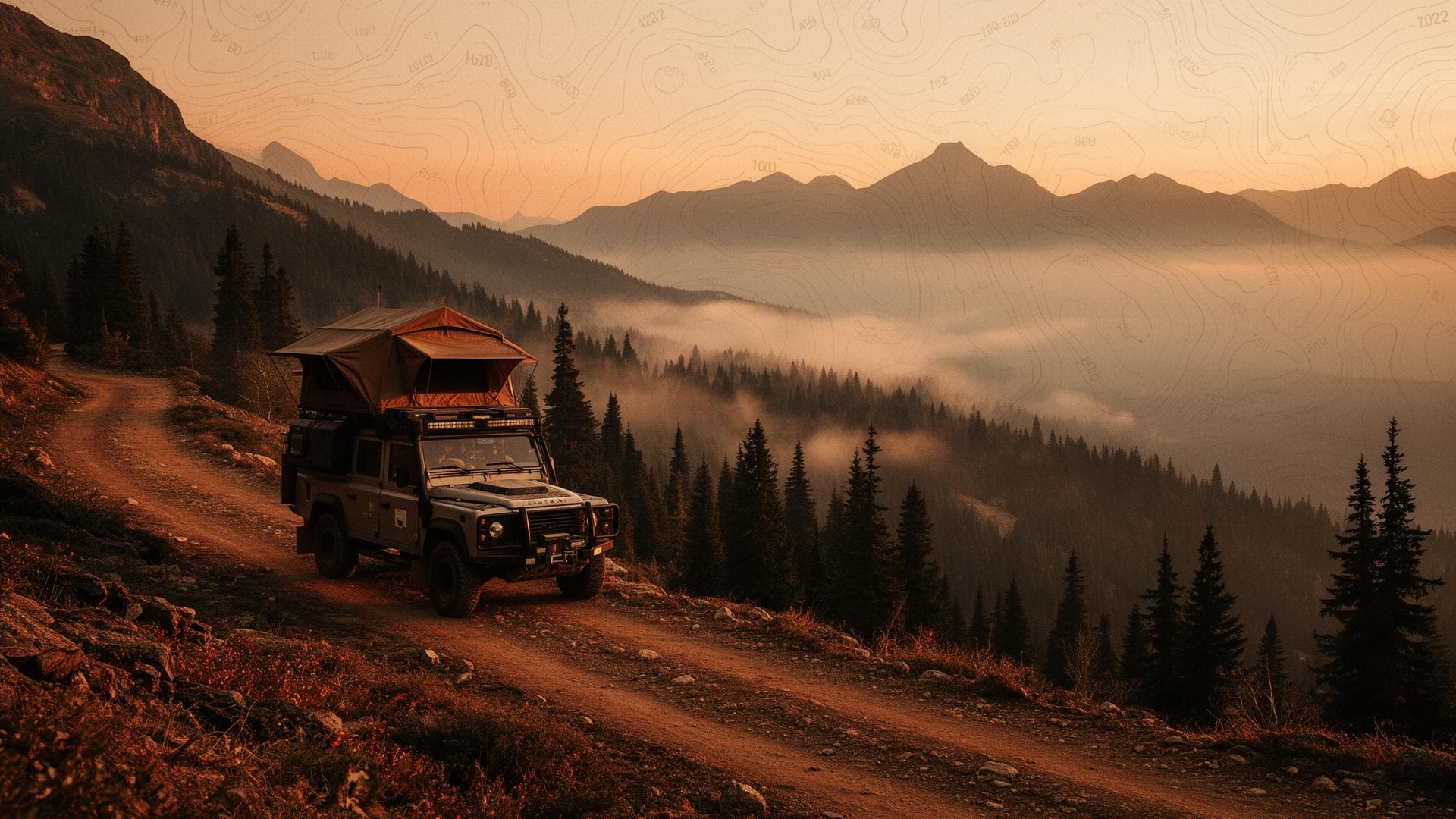 4x4 expedition vehicle with rooftop tent on a mountain trail at golden hour